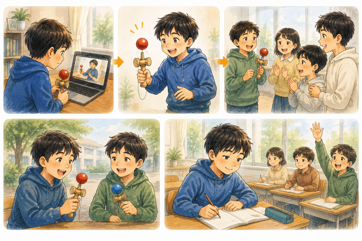けん玉を通して自信が芽生え、友達とのつながりができていく様子