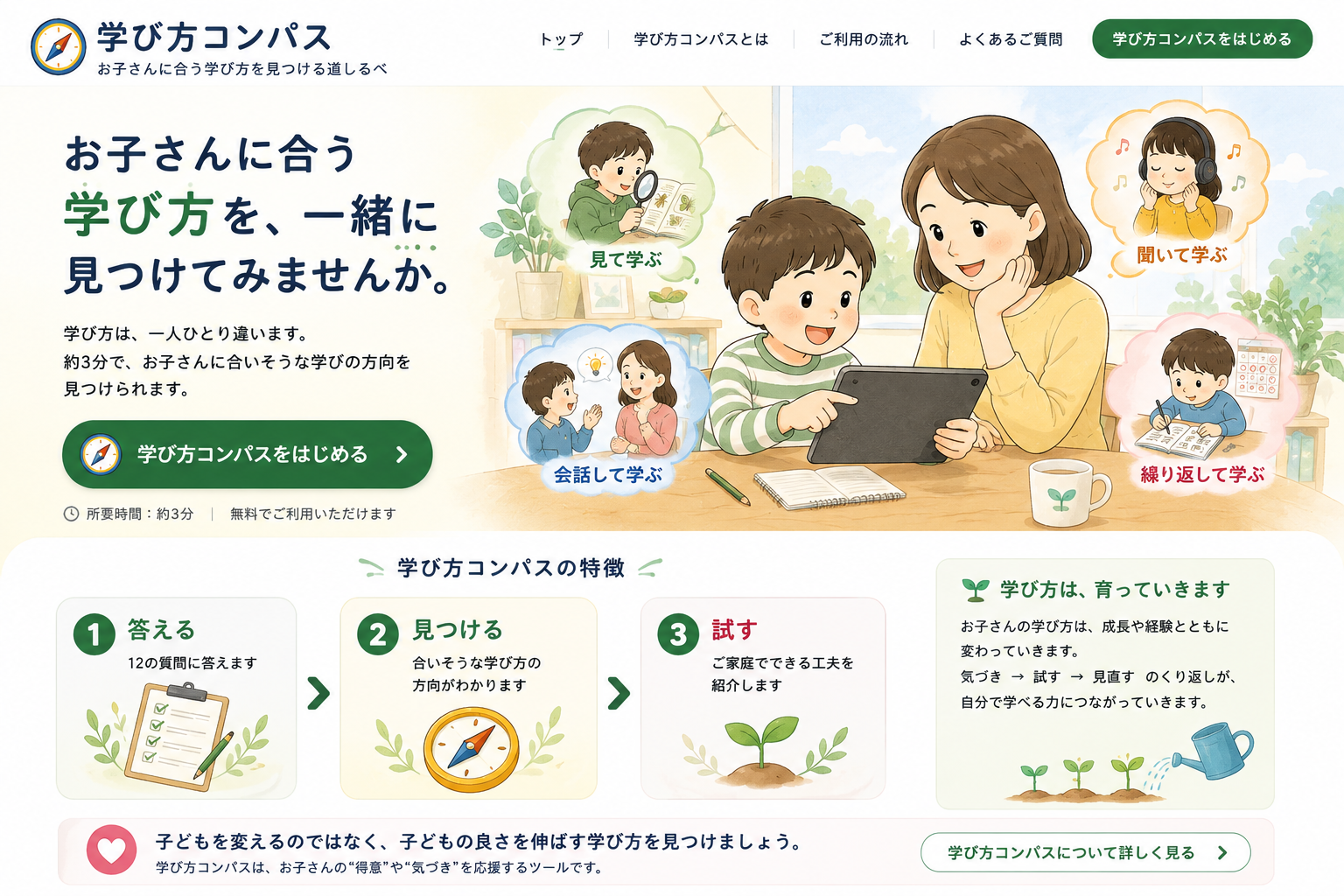親子がタブレットを見ながら、四つの学び方を確かめている学び方コンパスのイラスト